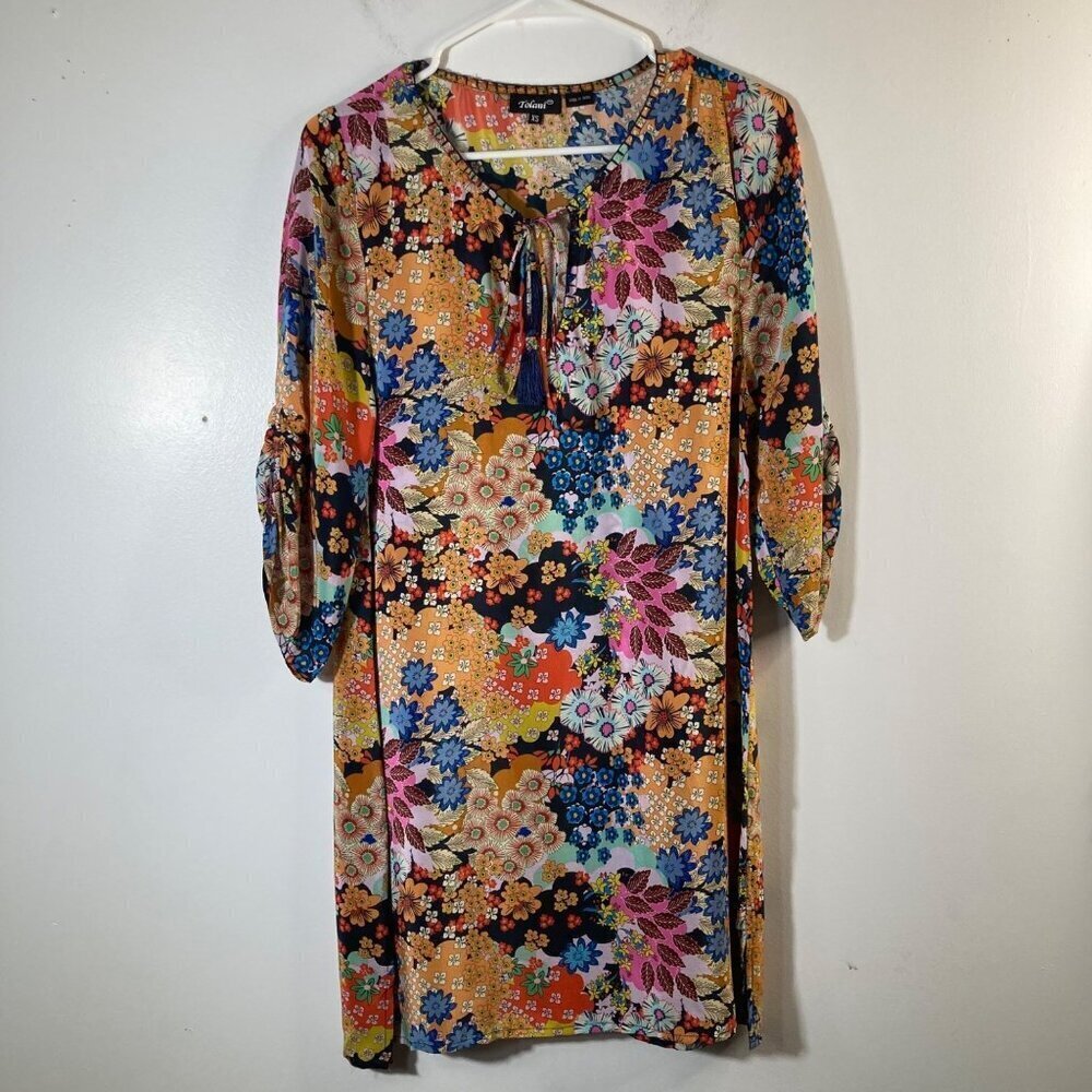 Womens Tolani Silk Floral Boho Dress Multicolored Orange Blue Red XS #25